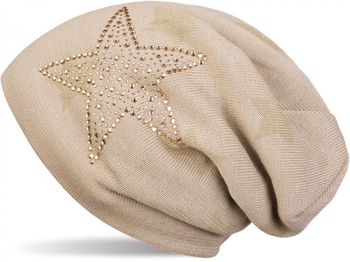 styleBREAKER warme Feinstrick Beanie Mütze mit All Over Stern Muster, Strass Stern und sehr weichem Fleece Innenfutter, Unisex 04024084