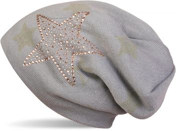 styleBREAKER warme Feinstrick Beanie Mütze mit All Over Stern Muster, Strass Stern und sehr weichem Fleece Innenfutter, Unisex 04024084