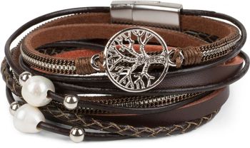 styleBREAKER Wickelarmband mit Perlen, Ketten, Flecht Element und Lebensbaum Anhänger, Magnetverschluss, Armband, Damen 05040070