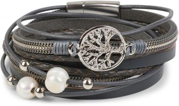 styleBREAKER Wickelarmband mit Perlen, Ketten, Flecht Element und Lebensbaum Anhänger, Magnetverschluss, Armband, Damen 05040070