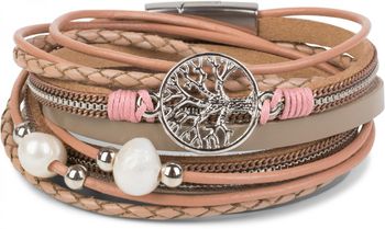 styleBREAKER Wickelarmband mit Perlen, Ketten, Flecht Element und Lebensbaum Anhänger, Magnetverschluss, Armband, Damen 05040070