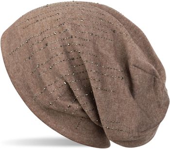 styleBREAKER Damen Beanie Mütze mit Strass Nieten im edlen Streifen Design, Slouch Longbeanie, Stoffmütze Einfarbig 04024086