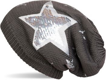 styleBREAKER warme Feinstrick Beanie Mütze mit All Over Vintage Stern Print, Pailletten Stern und sehr weichem Fleece Innenfutter 04024091