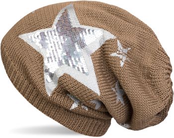 styleBREAKER warme Feinstrick Beanie Mütze mit All Over Vintage Stern Print, Pailletten Stern und sehr weichem Fleece Innenfutter 04024091