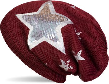 styleBREAKER warme Feinstrick Beanie Mütze mit All Over Vintage Stern Print, Pailletten Stern und sehr weichem Fleece Innenfutter 04024091