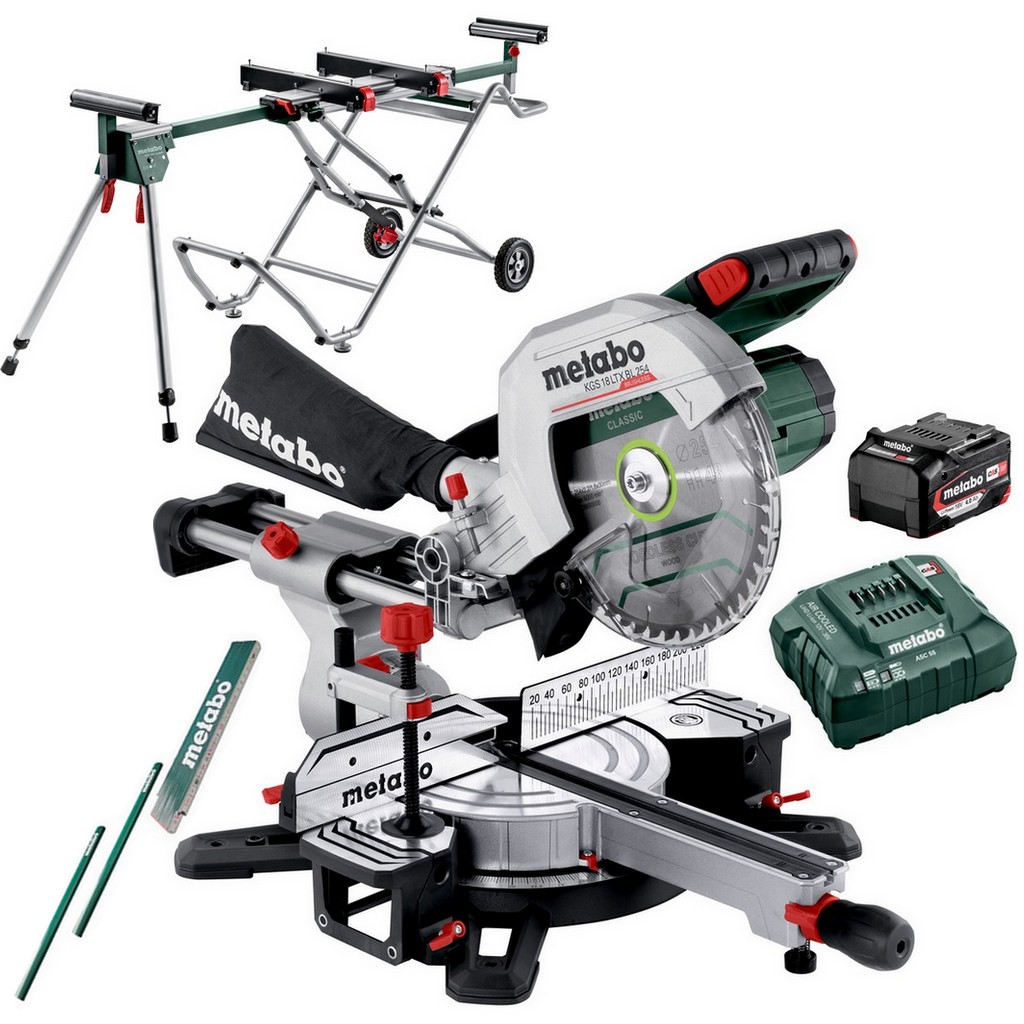 Metabo Akku Kappsäge Säge Ladegerät KGS18 LTX BL254 + Untergestell KSU251 mobile Metabo Akku Kappsäge Säge Ladegerät KGS18 LTX BL254 + Untergestell KSU251 mobile