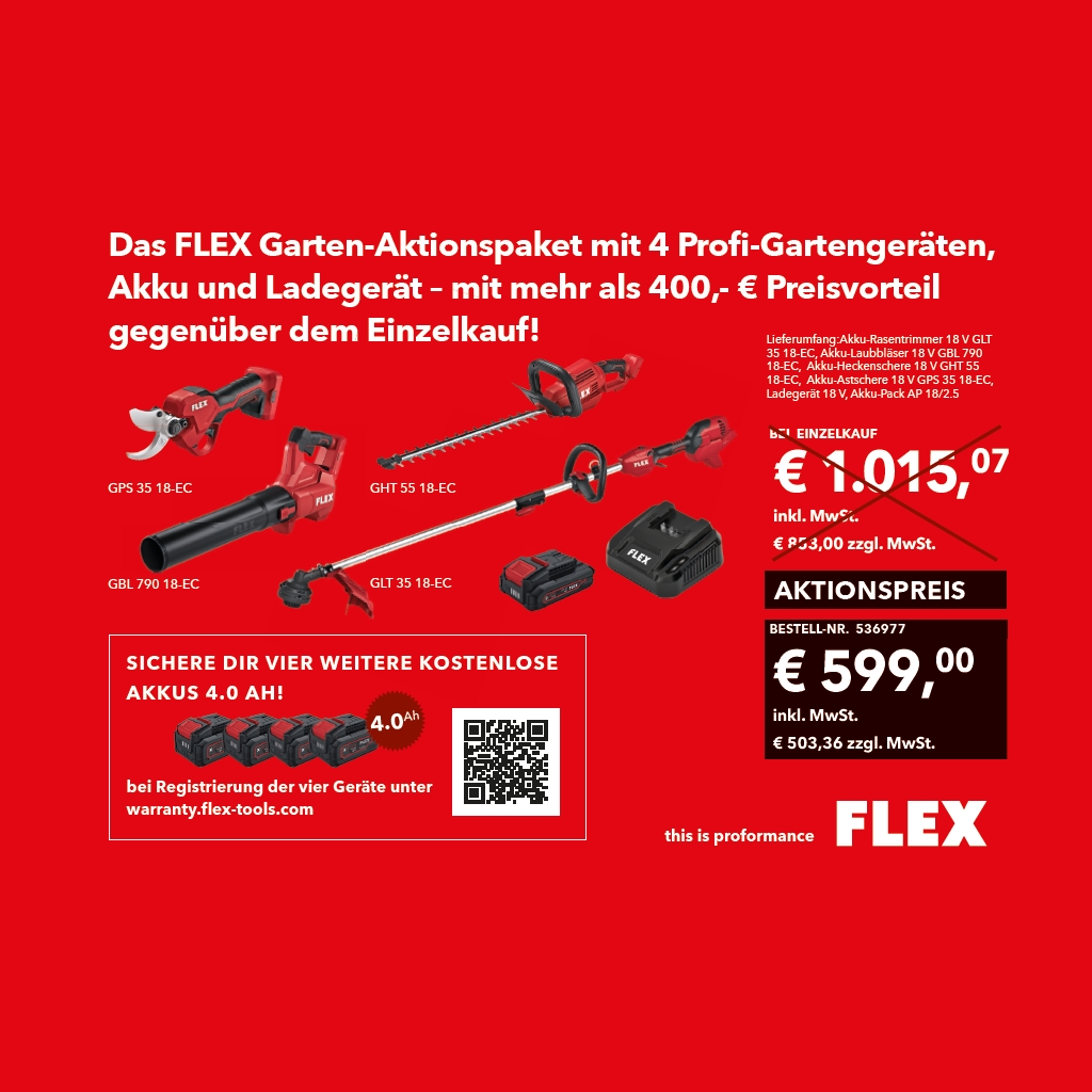 FLEX Garten Aktionspaket mit 4 Profi Gartengeräten Akku und Ladegerät FLEX Garten Aktionspaket mit 4 Profi Gartengeräten Akku und Ladegerät