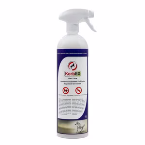 KerbEx blau Fliegenspray für Pferde mit leichtdosiertem Knoblauch 1 Liter mit Sprühkopf