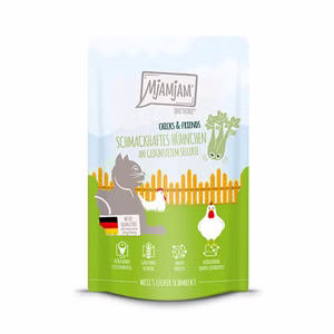 MjAMjAM Quetschie Chicks and Friends schmackhaftes Hühnchen an gedünstetem Sellerie für Katzen 125g