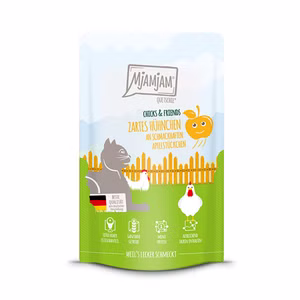 MjAMjAM Quetschie Chicks and Friends zartes Hühnchen an schmackhaften Apfelstückchen für Katzen 125g