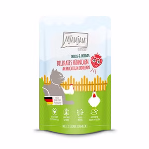 MjAMjAM Quetschie Chicks and Friends delikates Hühnchen an fruchtigen Erdbeeren für Katzen 125g
