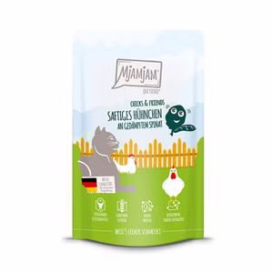 MjAMjAM Quetschie Chicks and Friends saftiges Hühnchen an gedämpftem Spinat für Katzen 125g
