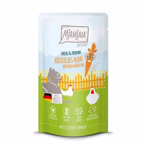 MjAMjAM Quetschie Chicks and Friends köstliches Huhn an feinen Möhrchen für Katzen 125g