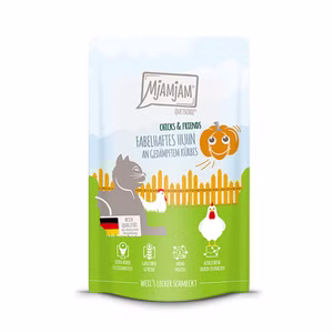 MjAMjAM Quetschie Chicks and Friends fabelhaftes Huhn an gedämpftem Kürbis für Katzen 125g
