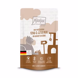 MjAMjAM Quetschie DUO leckeres Rind und gute Pute an gedämpftem Kürbis für Katzen 125g