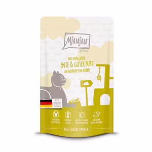 MjAMjAM Quetschie DUO von zarter Ente und guter Pute an gedämpftem Kürbis für Katzen 125g