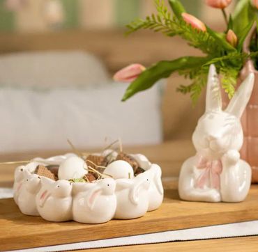 Seyila Home Deko Schale Hasen aus Porzellan, Weiß, Dekorative Hasen-Schale, Stilvolle Tischdekoration