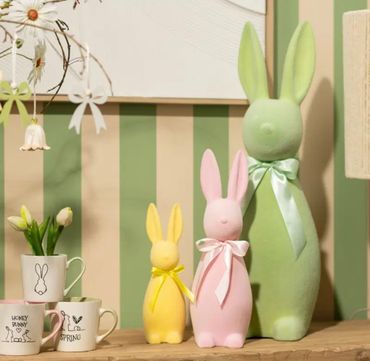 Seyila Home Dekohase beflockt aus Kunststoff mit Schleife, dekorative Osterfigur Größen, Moderne Bunte Frühlingsdekoration, Ostern