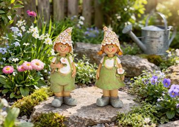 Seyila Home Frühlingskinder Deko Figuren 2er Set – Niedliche Blumen Kinder mit Blütenmütze – Frühlingsdekoration – Polyresin, Gartenfigur