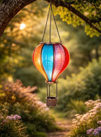 Heißluftballon LED mit Flammen Effekt zum hängen aus Eisen, Garten Deko Leuchte Bunt