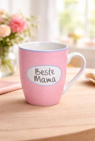 Becher „Beste Mama“ aus Porzellan, 300 ml, rosa mit Punkten – Tasse für Kaffee & Tee, Geschenk für Mama, Muttertag, Geburtstag