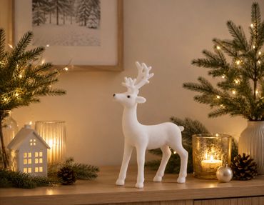 Deko-Hirsch beflockt – Samtige Hirschfigur für Winter & Weihnachten | Edle Dekofigur aus Kunststoff