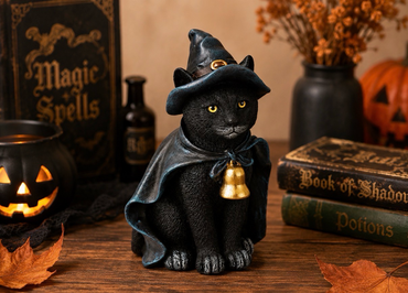 Halloween Deko Katze mit Hexenhut & Umhang – schwarze Hexenkatze aus Polyresin – Dekofigur