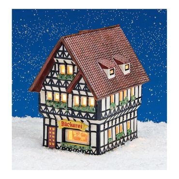 Lichthaus „Bäckerei“ aus Porzellan – Dekoratives Miniaturhaus mit Glasscheibe – Beleuchtete Weihnachtsdekoration – Winterliche Hausdeko für Fensterbank, Tisch & Regal