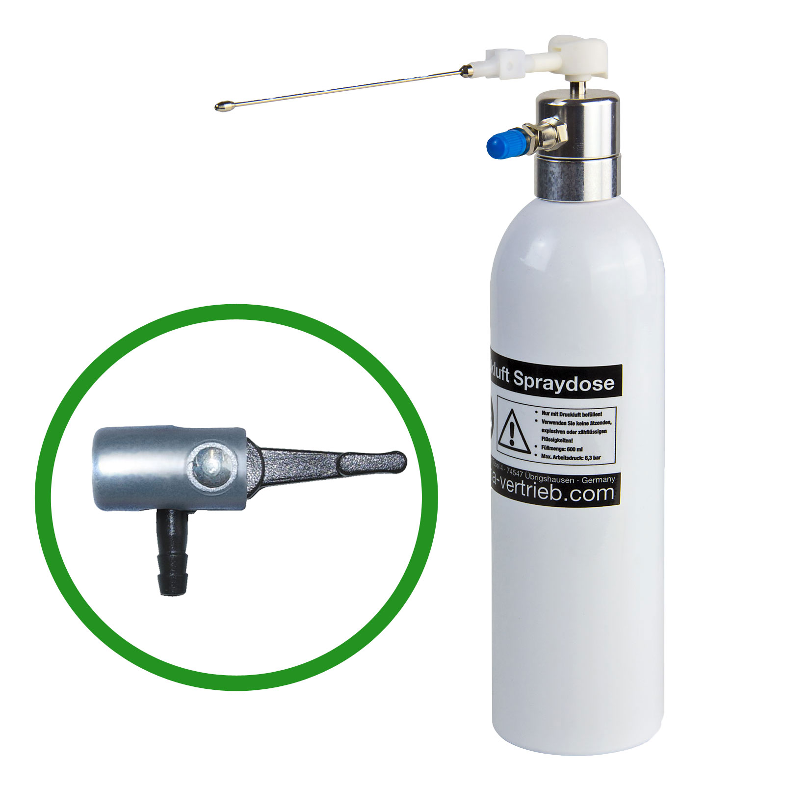 Alu Druckluft Spraydose 600 ml, wiederbefüllbar, Sprühflasche, mit Sprühkopf & Sprühlanze, robust, langlebig, für Druckluft, Werkstatt, Zubehör