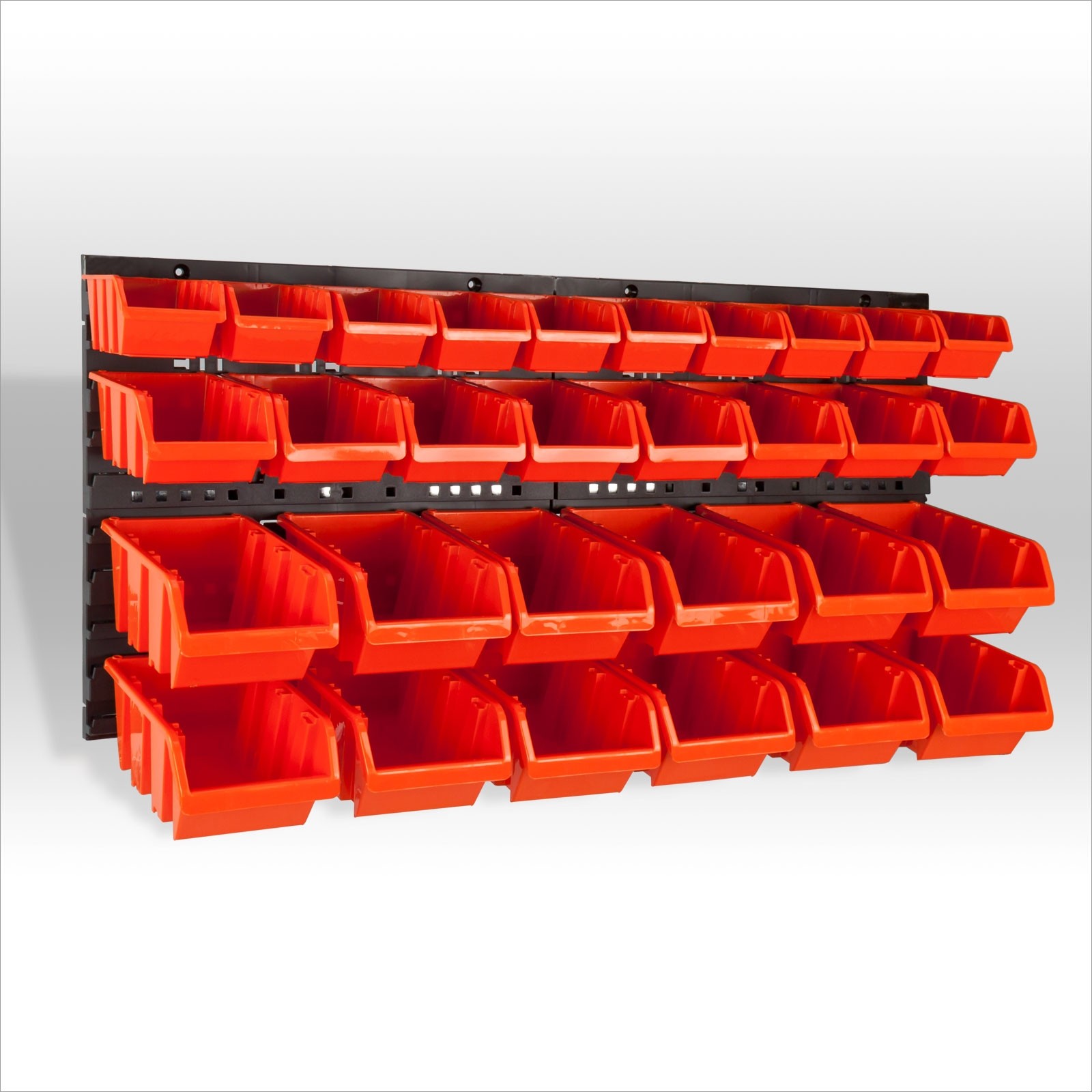 Sichtlagerkästen Wandregal mit 30 Kunststoff Stapelboxen Orange