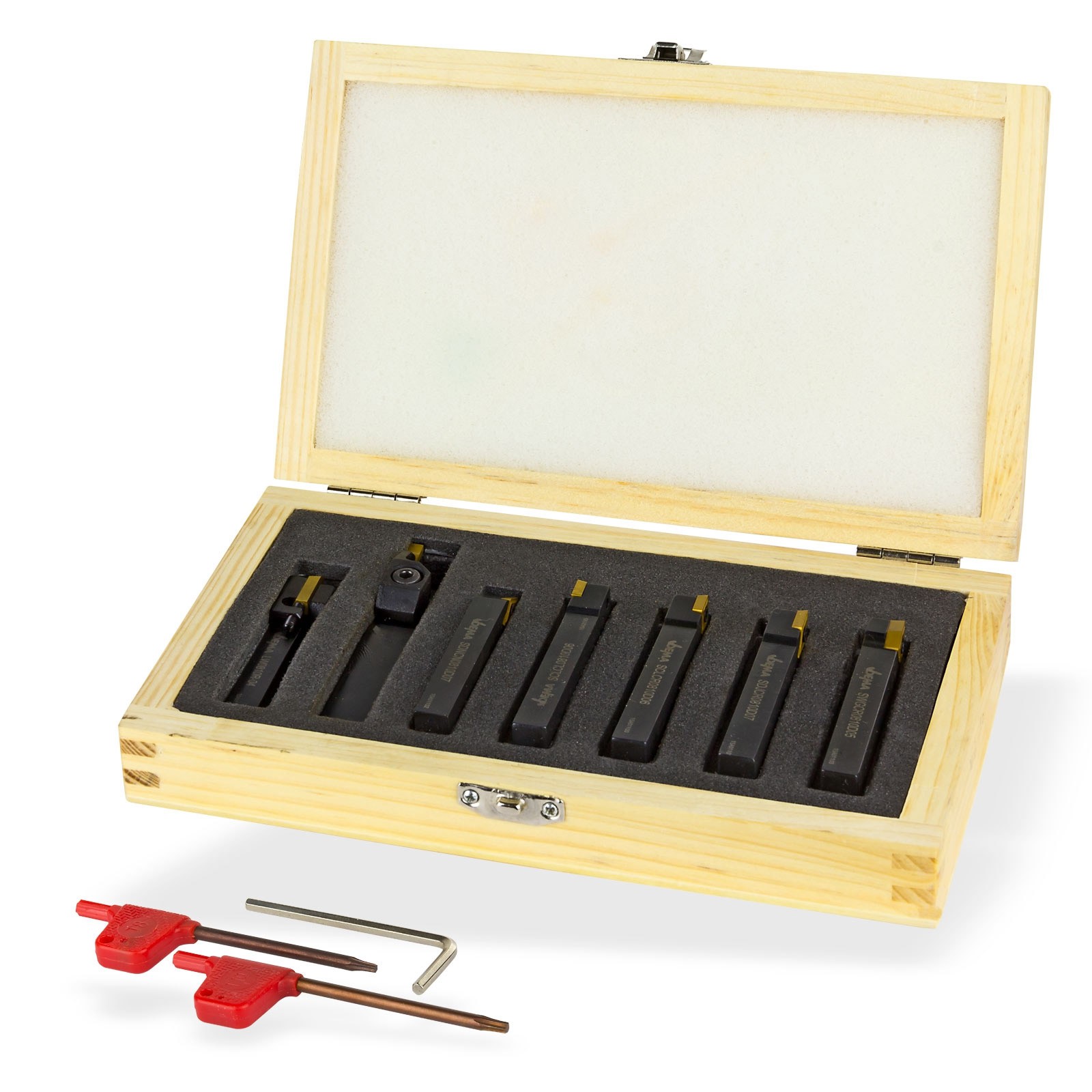 9-teiliger Drehstahl-Satz 20 Mm Sinterkarbid Mit Wendeplatten – Drehmeißel-Set In Holzkiste – Für Stahl, Stahlguss Und Schrupparbeiten An Drehbänken