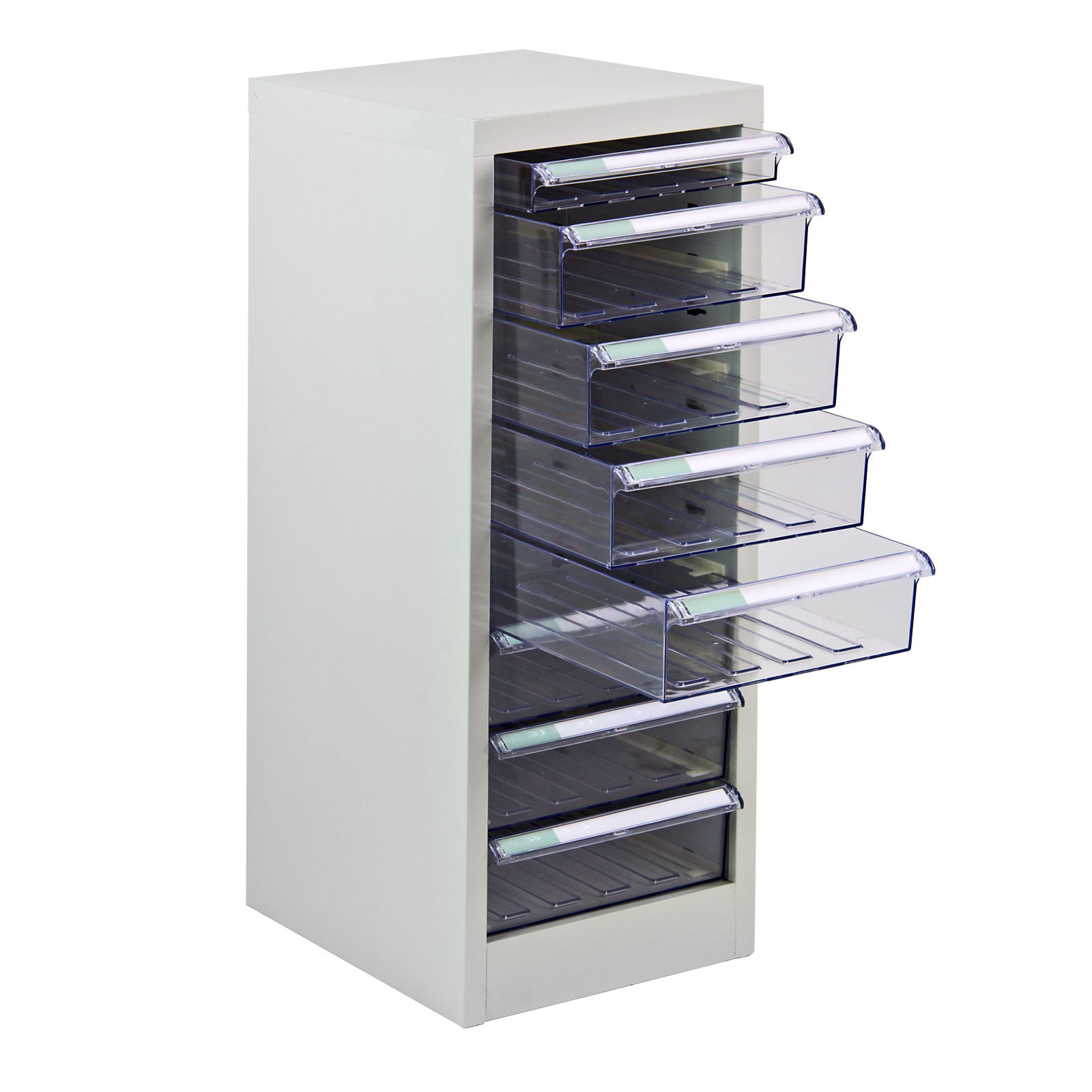 ADB Metall Schubladencontainer – 8 Schubladen aus PVC, herausnehmbar, mit Sicherheits-Anschlag, pulverbeschichtet RAL 7035, 745x280x350 mm, für Büro und Werkstatt