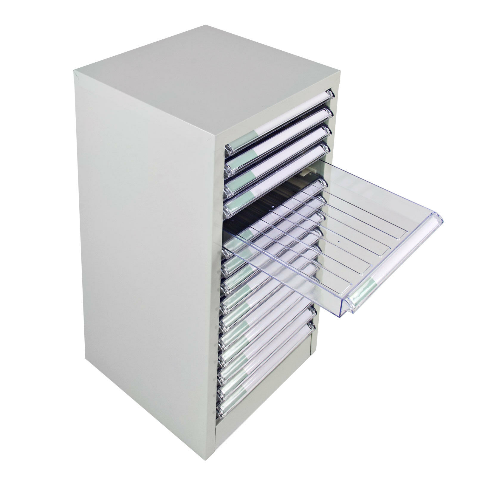 ADB Metall Schubladencontainer,15 PVC Schubladen, herausnehmbar, Sicherheits-Anschläge, pulverbeschichtet RAL 7035, 745x280x350 mm, für Büro und Werkstatt