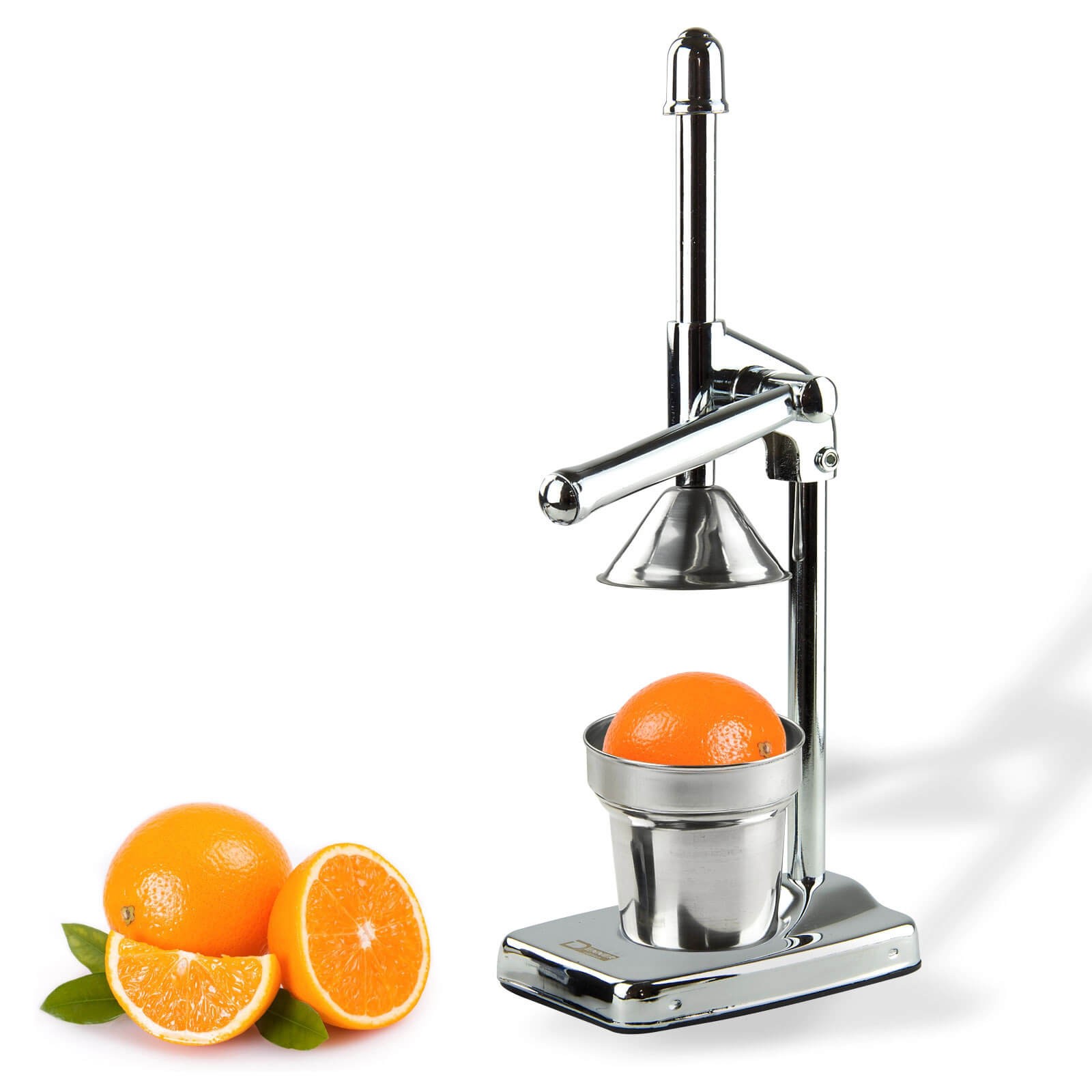 Saftpresse DSP1M – Entsafter, Zitruspresse, Obstpresse – Robust, Edelstahl & verchromtes Metall, 400 ml Becher, Spülmaschinengeeignet – Mit Tischschoner, Für frischen Saft