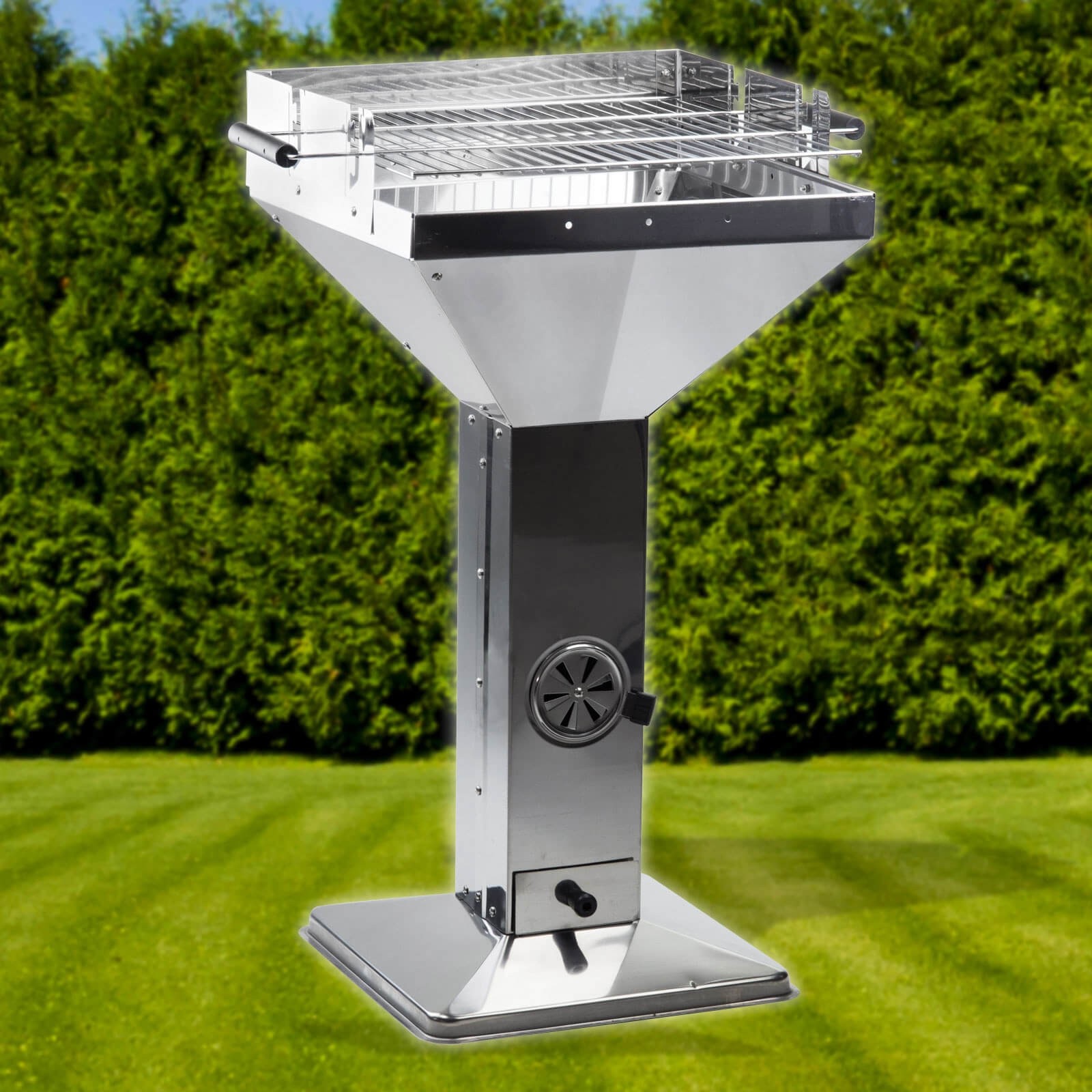 Säulengrill Holzkohlegrill, Edelstahl-Design, 63x49x92 cm, 3-fach verstellbarer Grillrost, Windschutz, Zuluft regulierbar, Ascheschublade, Gartenparty Grill