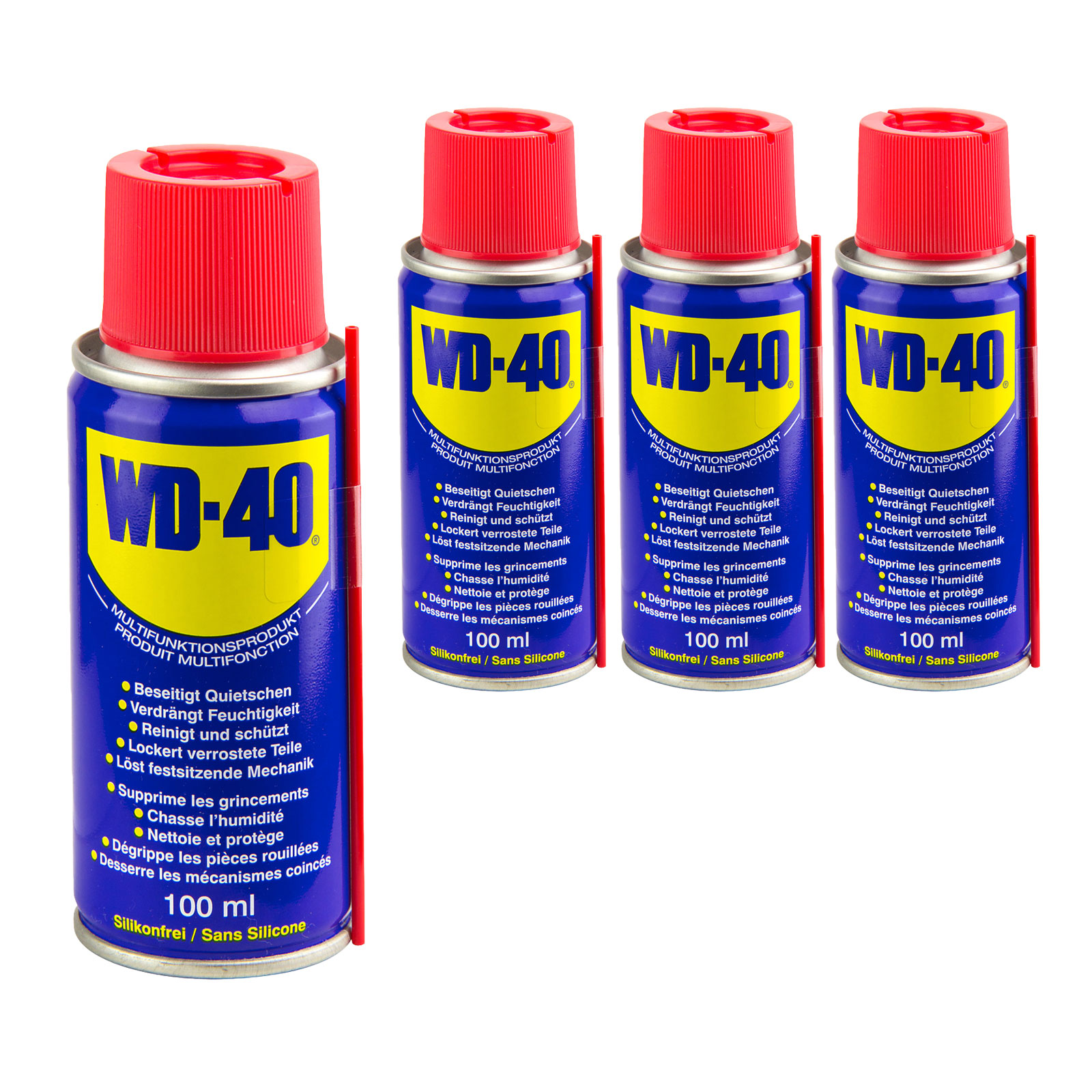 WD-40 Vielzweckspray 4x100ml – Multifunktionsspray, Rostlöser, Reinigungsspray – schützt, reinigt, schmiert, wasserabweisend – ideal für Auto, Haushalt, Werkstatt [Artikelpaket]