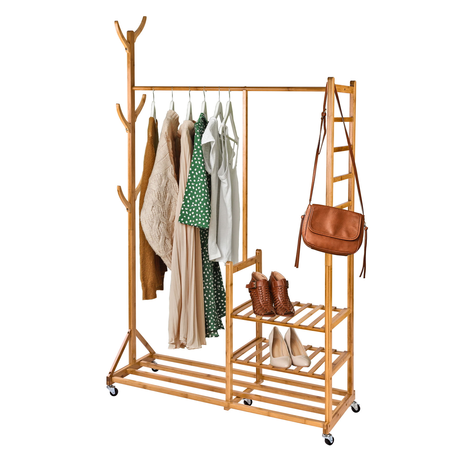 Rollbarer Holz-Garderobenständer Nizza 100 cm Rollgarderobe, Kleiderständer, Schuhregal Stabil, Mobil, Praktisch, Büro, Flur, Zuhause