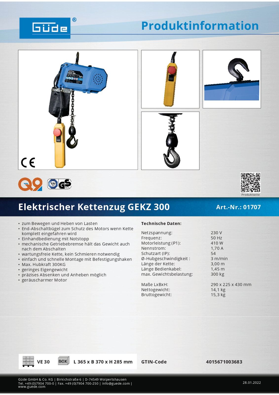 GÜDE GEKZ 300 elektrischer Kettenzug Flaschenzug Seilzug Hebezug 300kg 230V 410W GÜDE GEKZ 300 elektrischer Kettenzug Flaschenzug Seilzug Hebezug 300kg 230V 410W