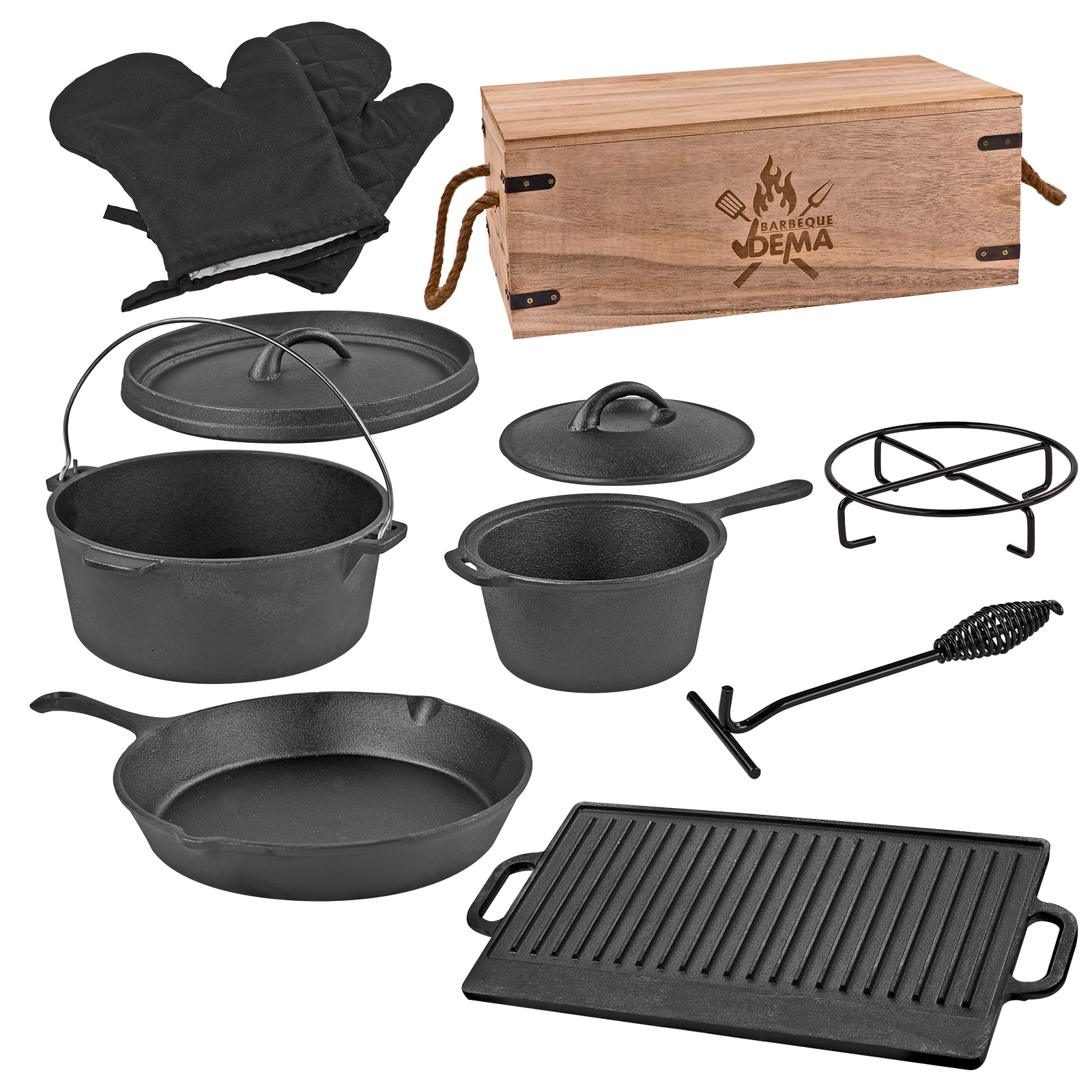 Feuertopf Grill-Set 7tlg. Grillplatte, Gulaschtopf, Pfanne, Gusseisen Topf, Schmortopf, BBQ, Grilltopf, Bräter, Gusstopf, Feuerkessel, in Geschenk-Holzbox