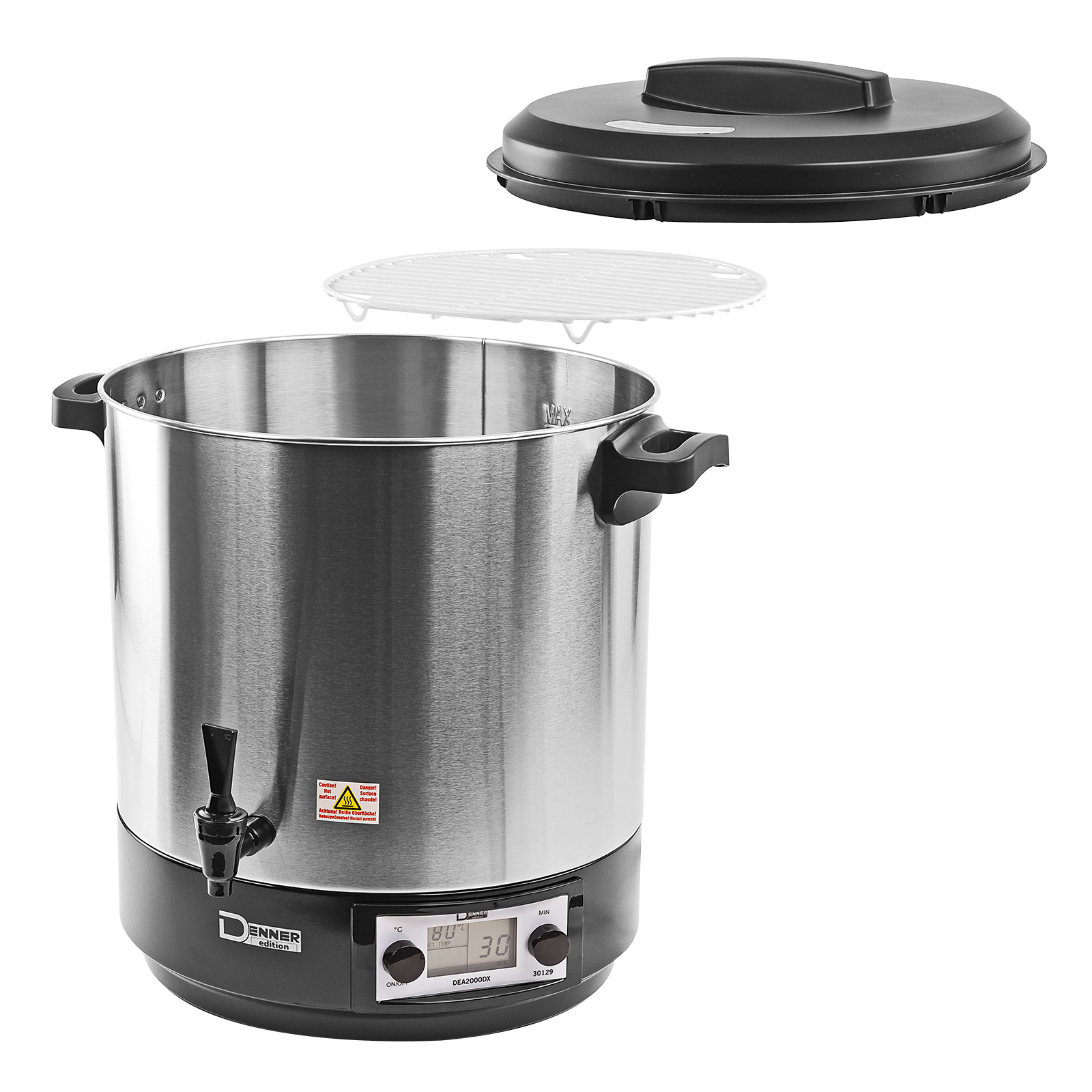 Edelstahl Einkochtopf DEA2000DX, Einkochautomat, Einkocher, 2000 W, 27 L, 38–100 °C, robust & langlebig, ideal für Obst, Gemüse, Marmelade & Saftbereitung