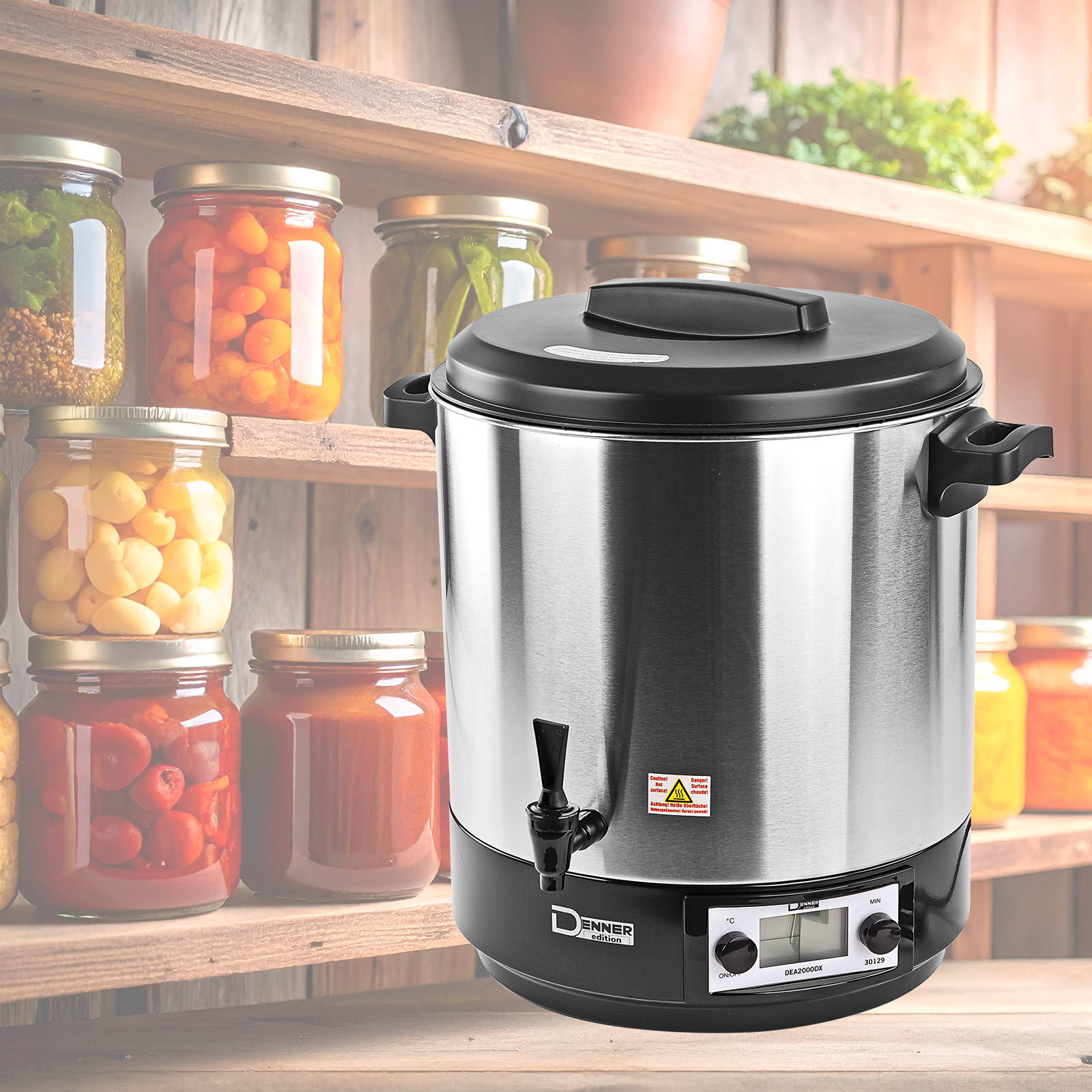 Edelstahl Einkochtopf DEA2000DX, Einkochautomat, Einkocher, 2000 W, 27 L, 38–100 °C, robust & langlebig, ideal für Obst, Gemüse, Marmelade & Saftbereitung