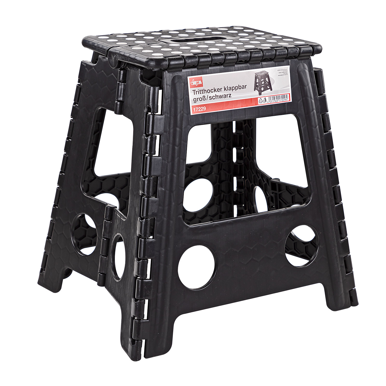 Kunststoff Tritthocker Stuttgart, klappbar, schwarz, stabil bis 120 kg, rutschfest, platzsparend, ideal für Haushalt, Garten & Büro