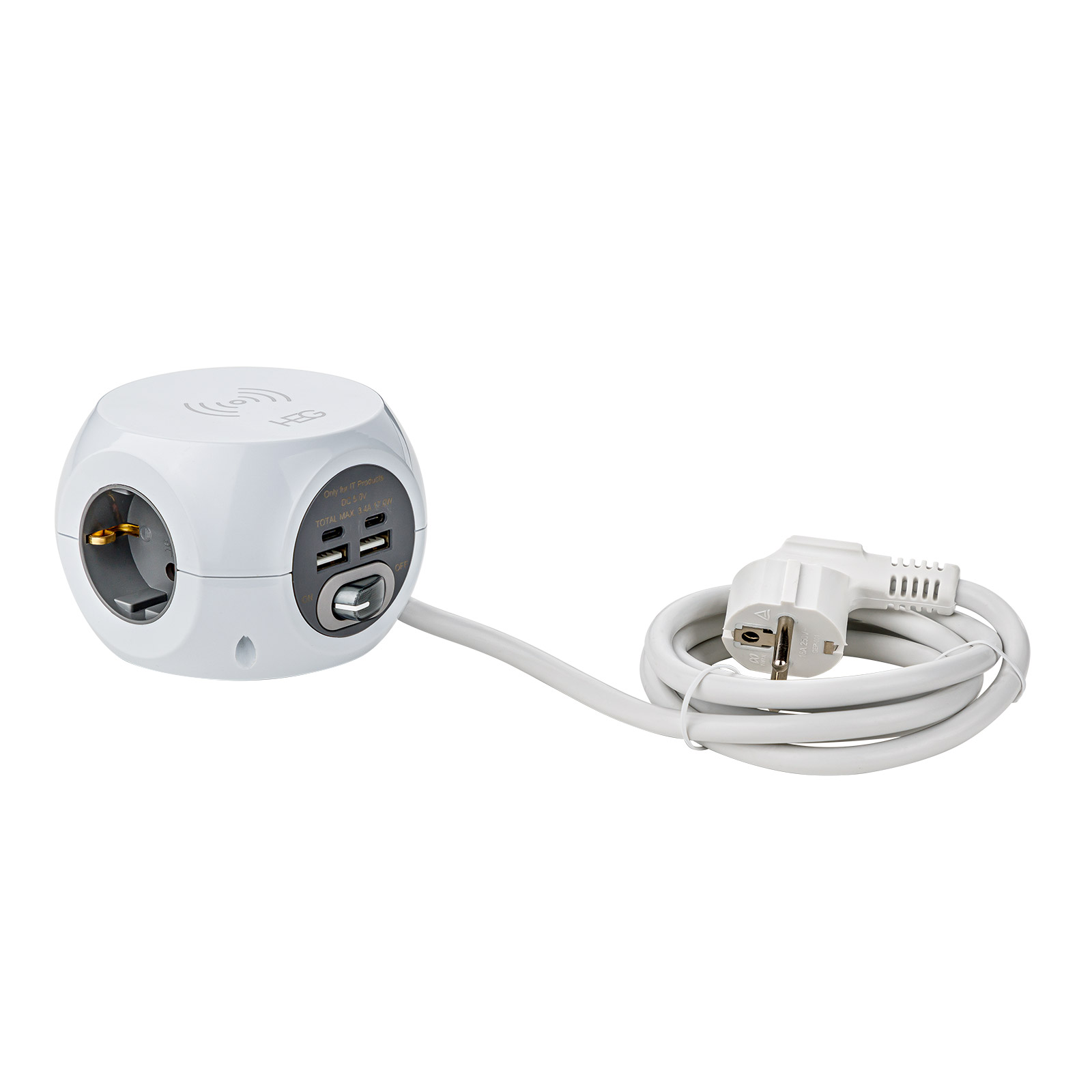 HEG Steckdosenwürfel / Mehrfachstecker 3 in 1, USB-A, USB-C, induktives Laden