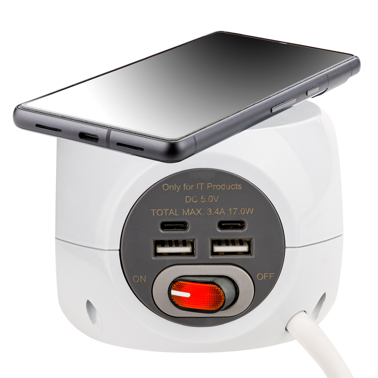 HEG Steckdosenwürfel, Mehrfachstecker, 3 in 1, USB-A, USB-C, induktives Laden