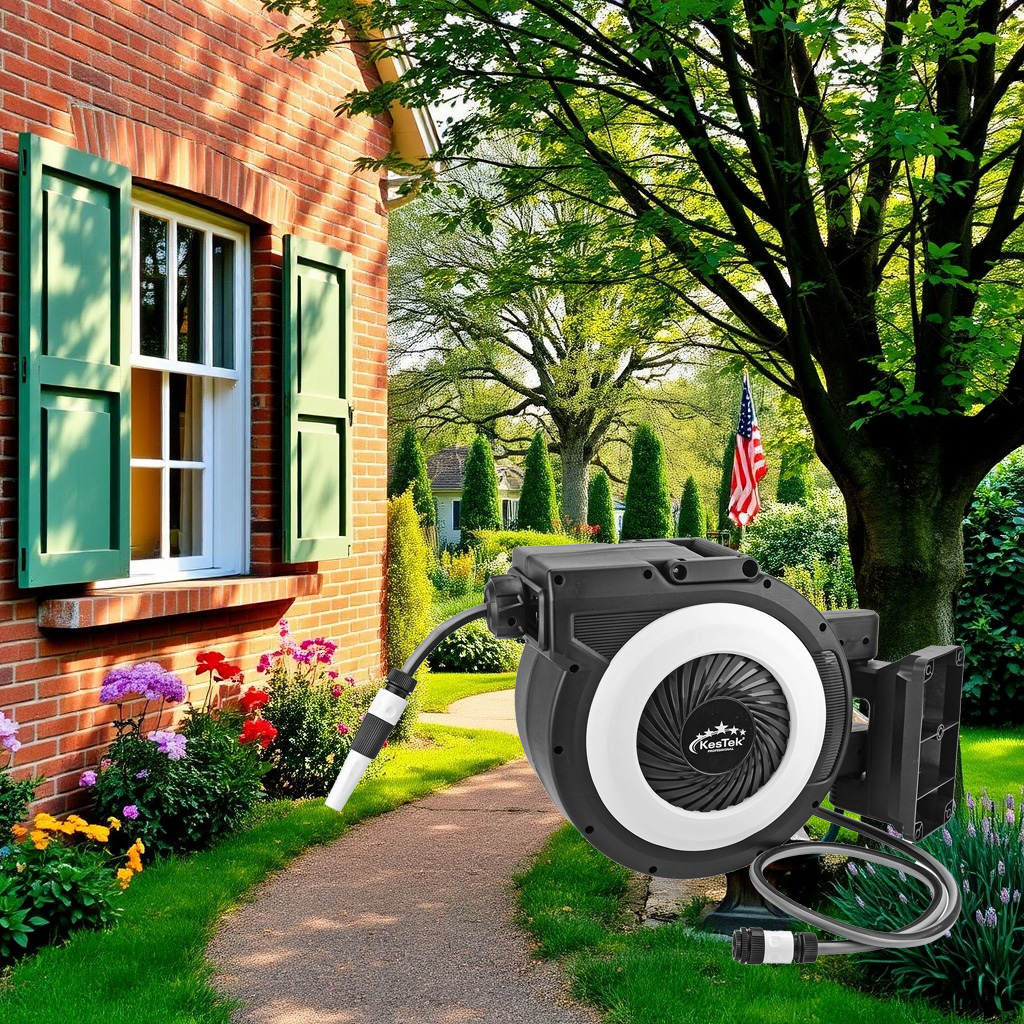 KesTek Wand-Schlauchbox WSB30 30 m Gewebeschlauch mit automatischer Aufrollfunktion, 180° schwenkbar, hitzebeständig, mobil & UV-beständig für den Garten