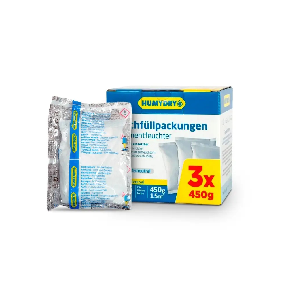 Humydry Nachfüllpackungen 3x450 g, Refill-Pack, Auffüllpackung für Luftentfeuchter, Raumentfeuchter, Lufttrockner, Feuchtigkeitsabsorber, kompakt, effektiv, einfach