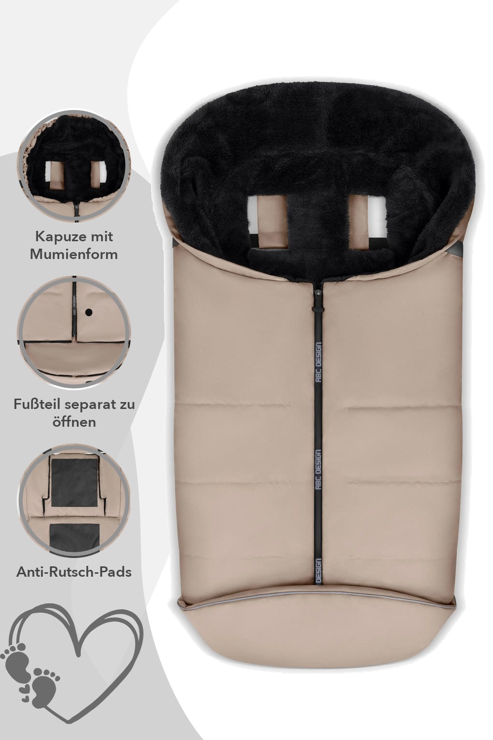 ABC Design Winterfußsack mit Kapuze in Mumienform, separat zu öffnendem Fußteil und Anti-Rutsch-Pads