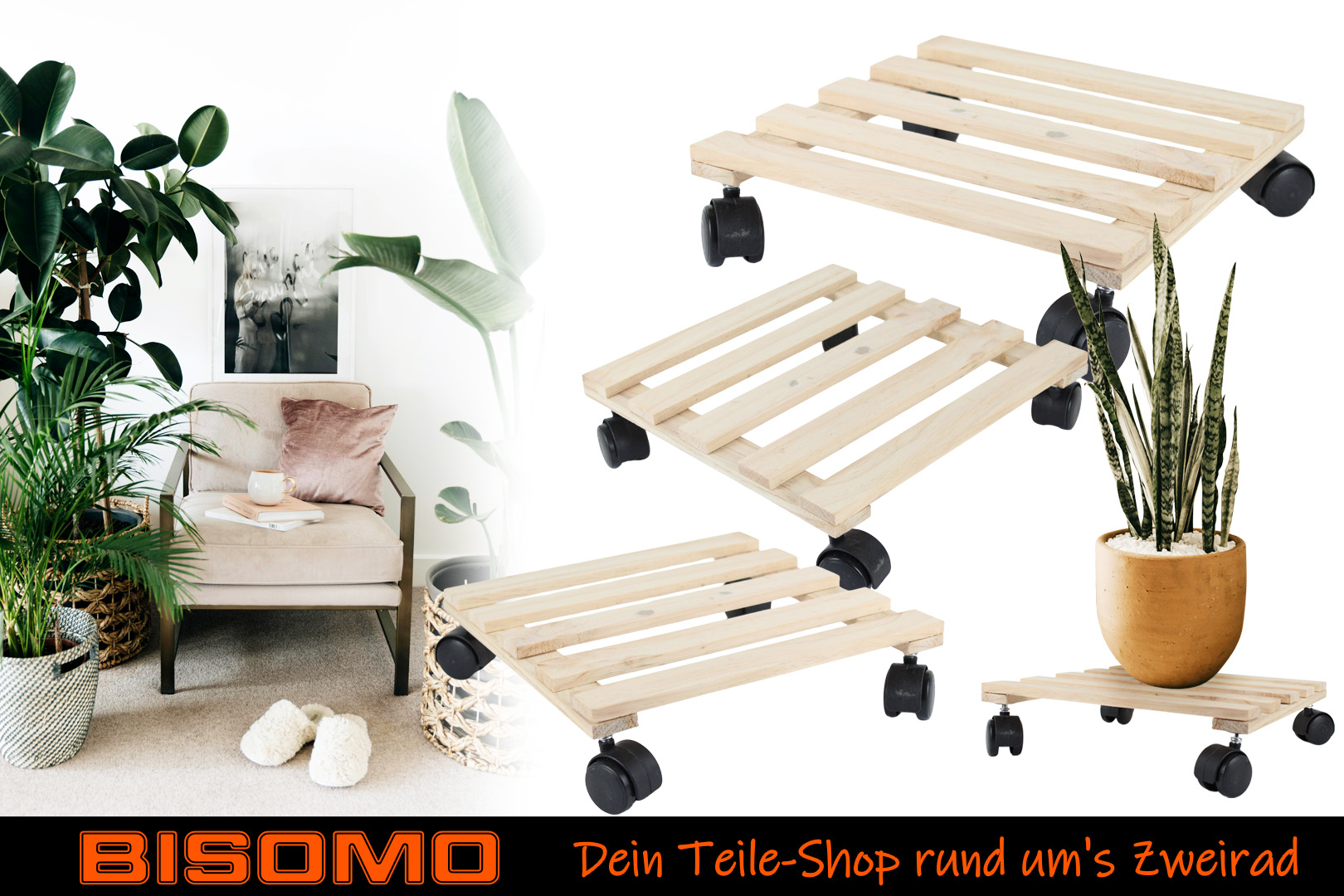 Paket] Pflanzenroller Rollbrett Pflanzen Untersetzer mit 4 Rollen 360° für Topfpflanze Blumentopf, Holz 30 x 30cm