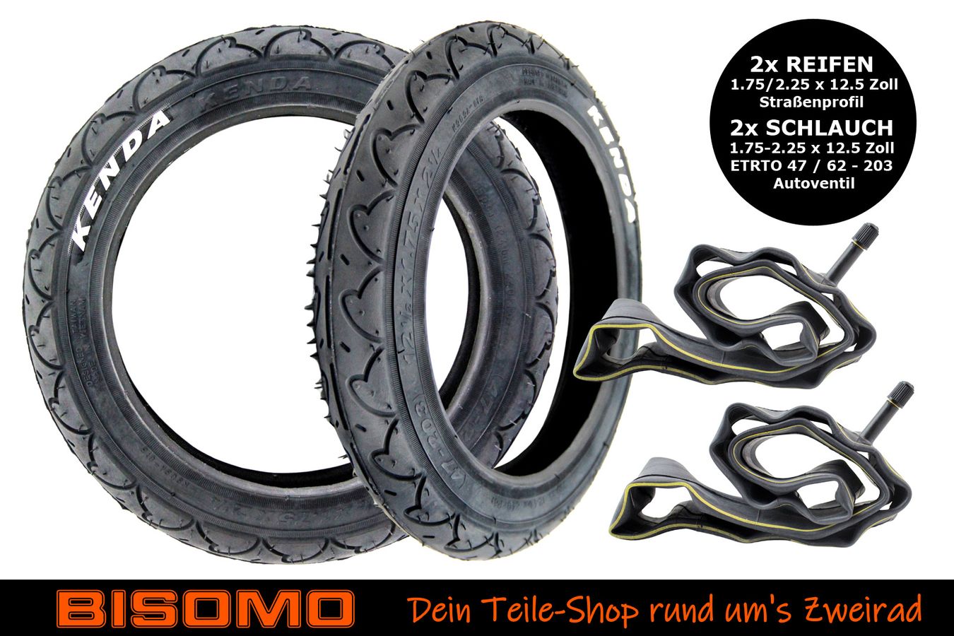 Paket] 2x Reifen 12 1/2 Zoll x 1.75 oder 12.5 x 2.25 Zoll + 2x Schlauch Schrader für Kinderwagen, Roller, Laufrad, Kinderfahrrad, Fahrrad-Anhänger