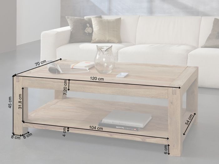YOGA Couchtisch 120 cm x 45 cm x 80 cm mit Ablage Artikelbild mit eingezeichneten Maßen